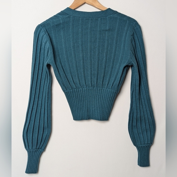 WILFRED Plunge Front Cardigan Wool Sweater Button Up Blue Green XS Aritzia - Picture 10 of 12